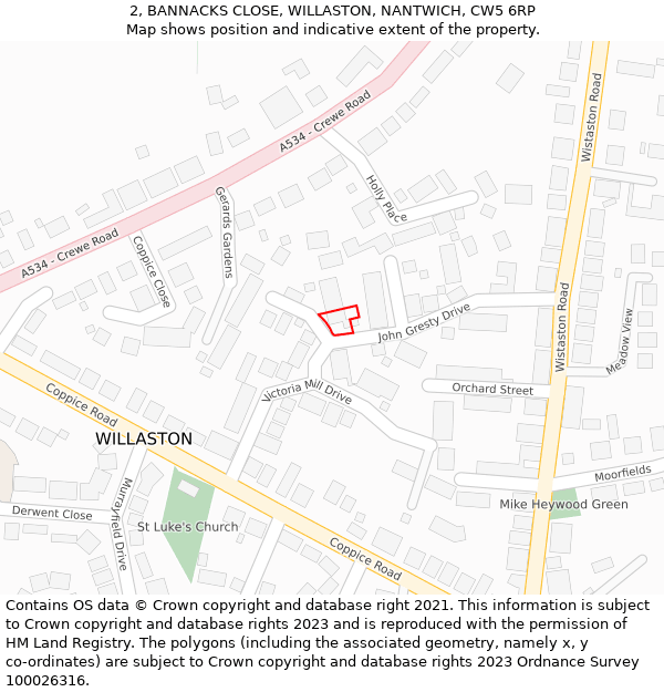 2, BANNACKS CLOSE, WILLASTON, NANTWICH, CW5 6RP: Location map and indicative extent of plot