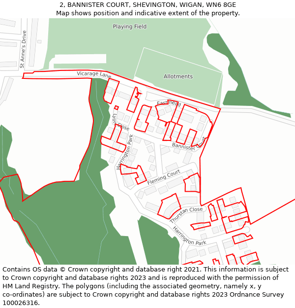 2, BANNISTER COURT, SHEVINGTON, WIGAN, WN6 8GE: Location map and indicative extent of plot