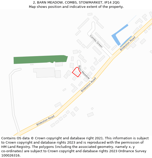 2, BARN MEADOW, COMBS, STOWMARKET, IP14 2QG: Location map and indicative extent of plot