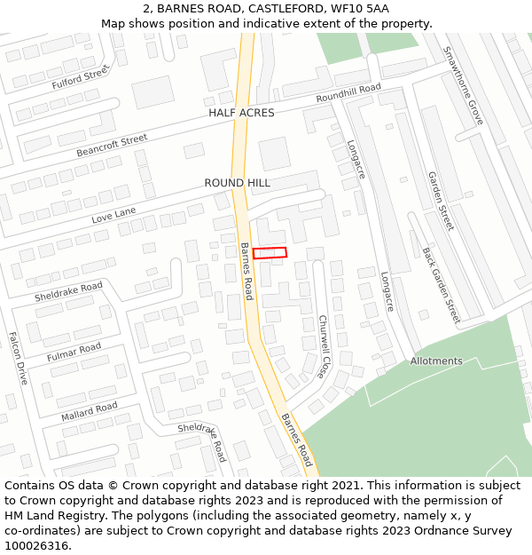 2, BARNES ROAD, CASTLEFORD, WF10 5AA: Location map and indicative extent of plot