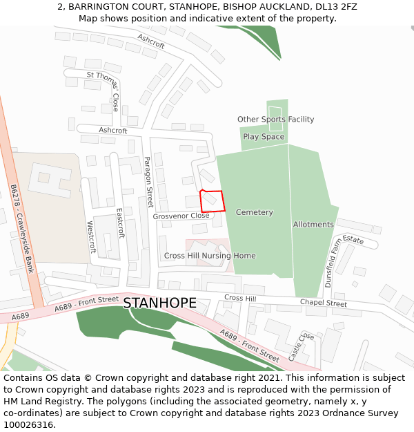 2, BARRINGTON COURT, STANHOPE, BISHOP AUCKLAND, DL13 2FZ: Location map and indicative extent of plot