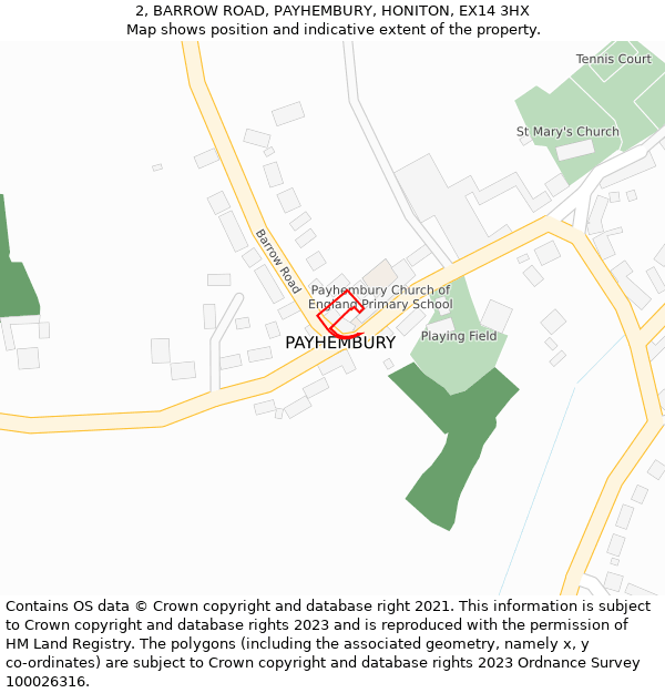 2, BARROW ROAD, PAYHEMBURY, HONITON, EX14 3HX: Location map and indicative extent of plot