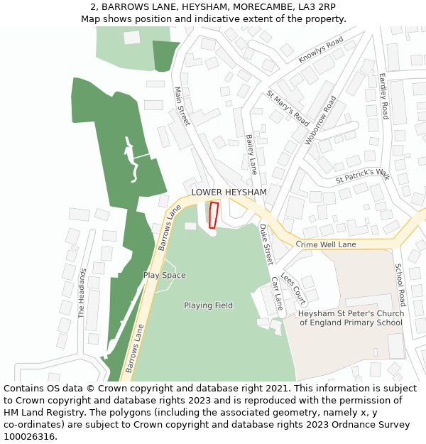 2, BARROWS LANE, HEYSHAM, MORECAMBE, LA3 2RP: Location map and indicative extent of plot