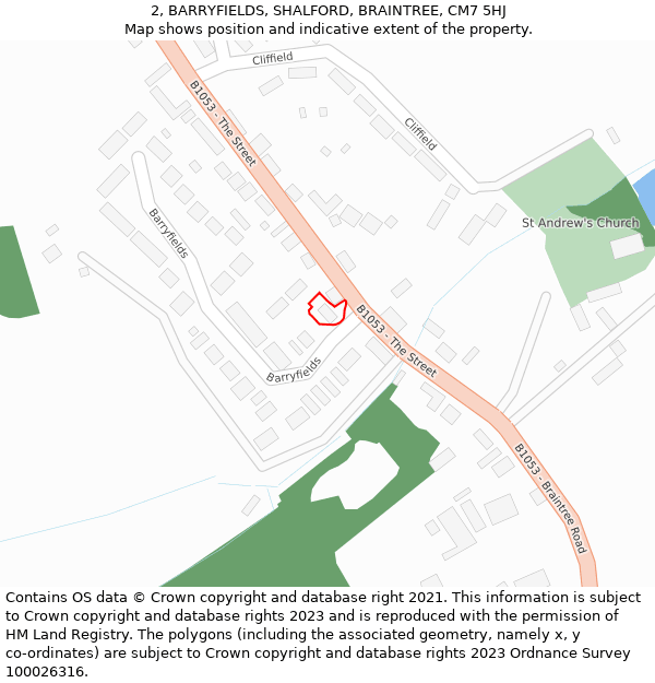 2, BARRYFIELDS, SHALFORD, BRAINTREE, CM7 5HJ: Location map and indicative extent of plot