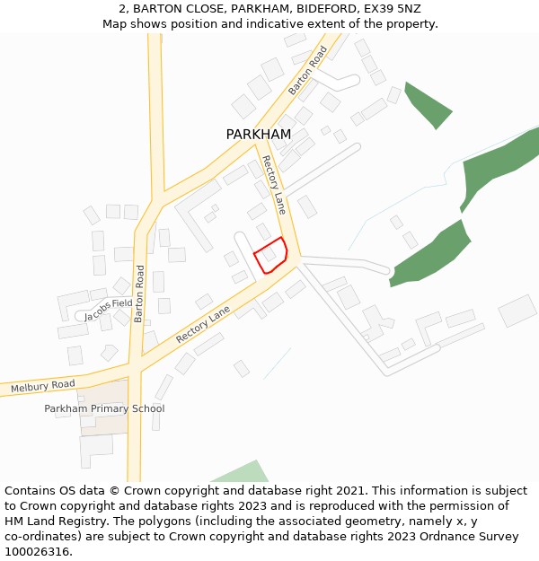 2, BARTON CLOSE, PARKHAM, BIDEFORD, EX39 5NZ: Location map and indicative extent of plot