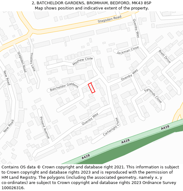 2, BATCHELDOR GARDENS, BROMHAM, BEDFORD, MK43 8SP: Location map and indicative extent of plot