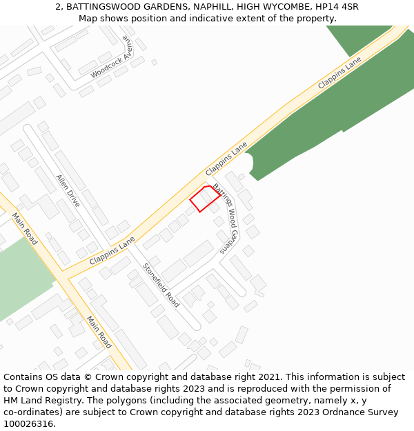 2, BATTINGSWOOD GARDENS, NAPHILL, HIGH WYCOMBE, HP14 4SR: Location map and indicative extent of plot