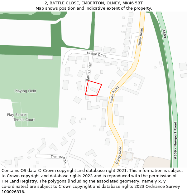 2, BATTLE CLOSE, EMBERTON, OLNEY, MK46 5BT: Location map and indicative extent of plot
