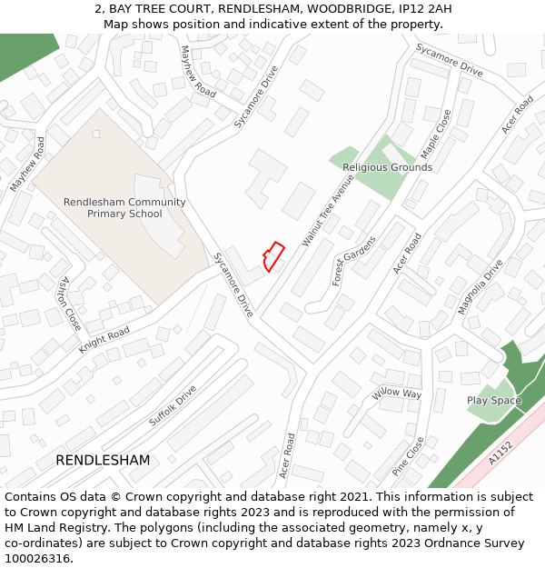 2, BAY TREE COURT, RENDLESHAM, WOODBRIDGE, IP12 2AH: Location map and indicative extent of plot