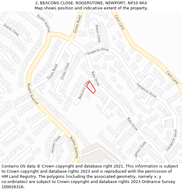 2, BEACONS CLOSE, ROGERSTONE, NEWPORT, NP10 9AX: Location map and indicative extent of plot