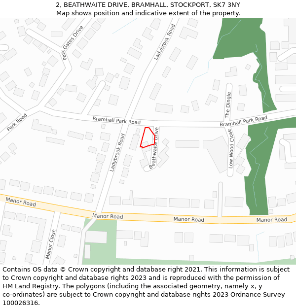 2, BEATHWAITE DRIVE, BRAMHALL, STOCKPORT, SK7 3NY: Location map and indicative extent of plot