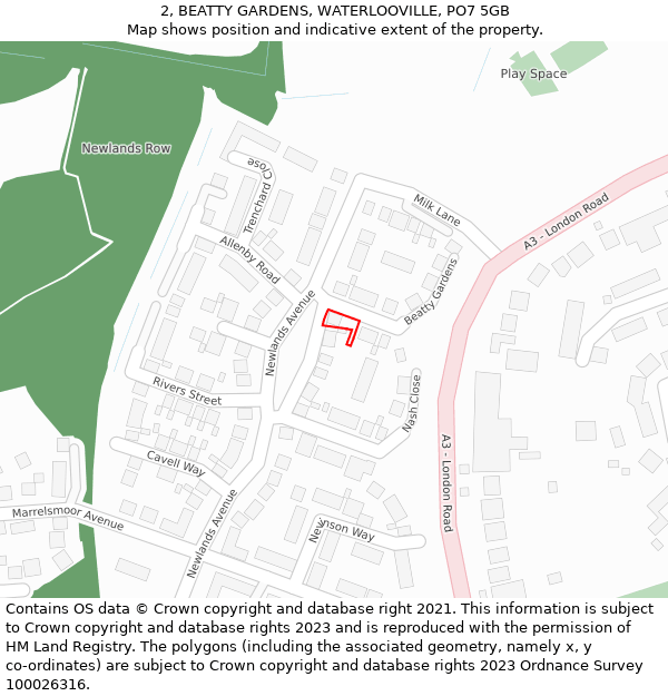 2, BEATTY GARDENS, WATERLOOVILLE, PO7 5GB: Location map and indicative extent of plot