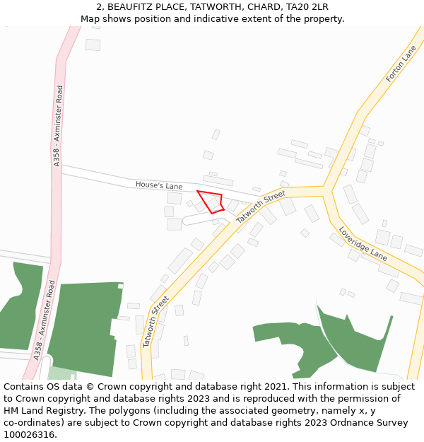 2, BEAUFITZ PLACE, TATWORTH, CHARD, TA20 2LR: Location map and indicative extent of plot