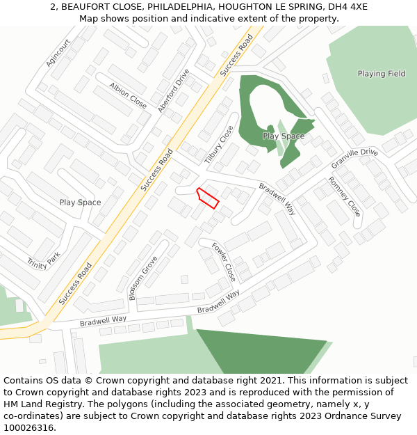 2, BEAUFORT CLOSE, PHILADELPHIA, HOUGHTON LE SPRING, DH4 4XE: Location map and indicative extent of plot