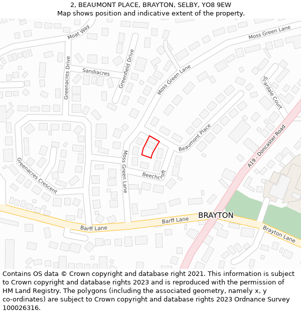 2, BEAUMONT PLACE, BRAYTON, SELBY, YO8 9EW: Location map and indicative extent of plot