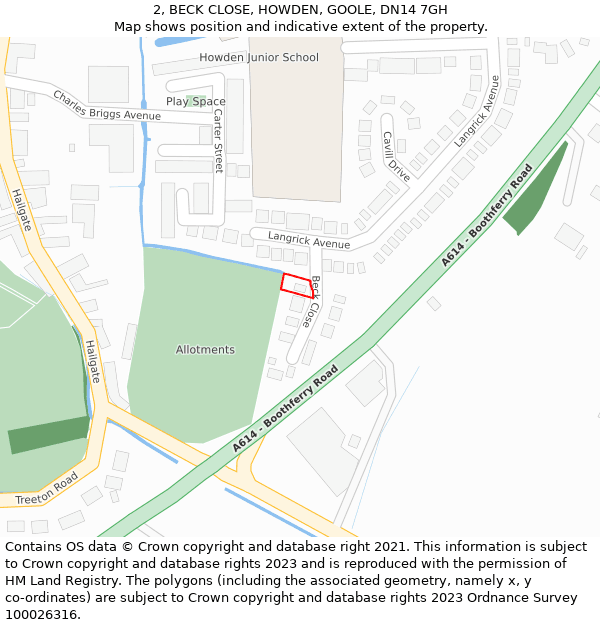 2, BECK CLOSE, HOWDEN, GOOLE, DN14 7GH: Location map and indicative extent of plot