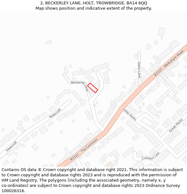 2, BECKERLEY LANE, HOLT, TROWBRIDGE, BA14 6QQ: Location map and indicative extent of plot