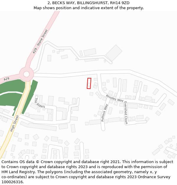2, BECKS WAY, BILLINGSHURST, RH14 9ZD: Location map and indicative extent of plot