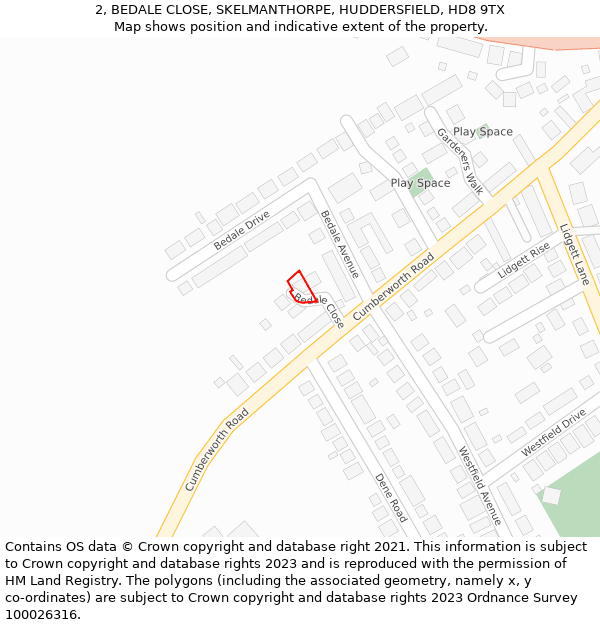 2, BEDALE CLOSE, SKELMANTHORPE, HUDDERSFIELD, HD8 9TX: Location map and indicative extent of plot