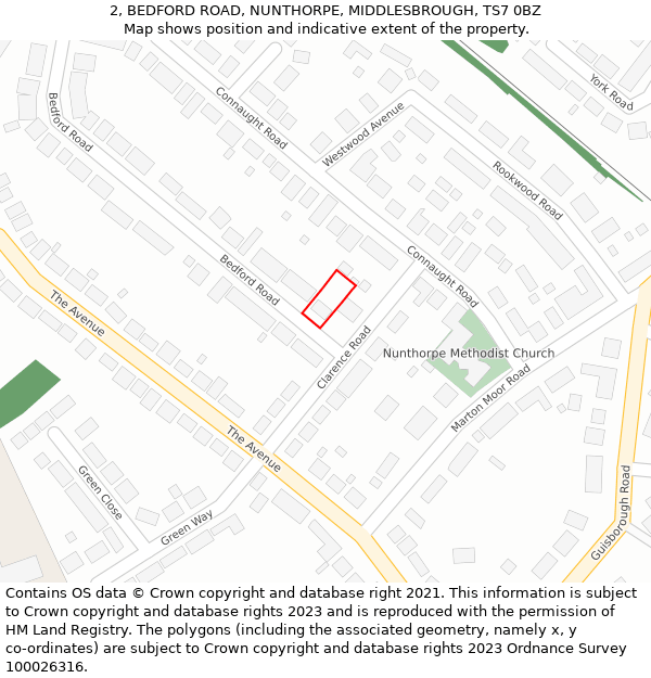 2, BEDFORD ROAD, NUNTHORPE, MIDDLESBROUGH, TS7 0BZ: Location map and indicative extent of plot