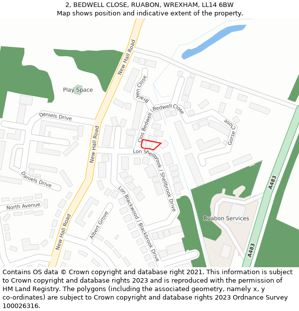 2, BEDWELL CLOSE, RUABON, WREXHAM, LL14 6BW: Location map and indicative extent of plot