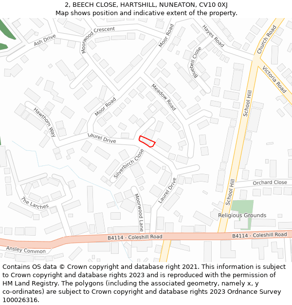 2, BEECH CLOSE, HARTSHILL, NUNEATON, CV10 0XJ: Location map and indicative extent of plot