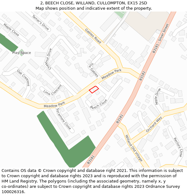 2, BEECH CLOSE, WILLAND, CULLOMPTON, EX15 2SD: Location map and indicative extent of plot