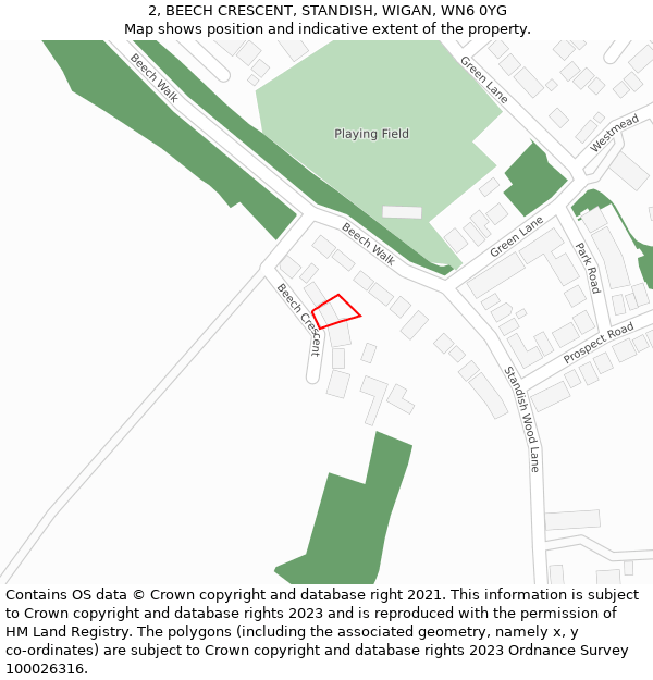 2, BEECH CRESCENT, STANDISH, WIGAN, WN6 0YG: Location map and indicative extent of plot