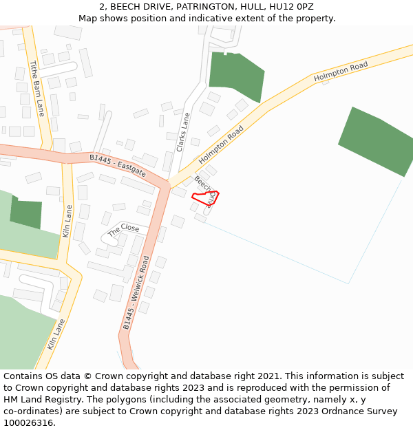 2, BEECH DRIVE, PATRINGTON, HULL, HU12 0PZ: Location map and indicative extent of plot