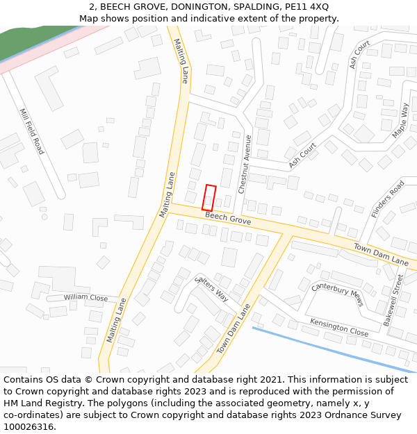 2, BEECH GROVE, DONINGTON, SPALDING, PE11 4XQ: Location map and indicative extent of plot