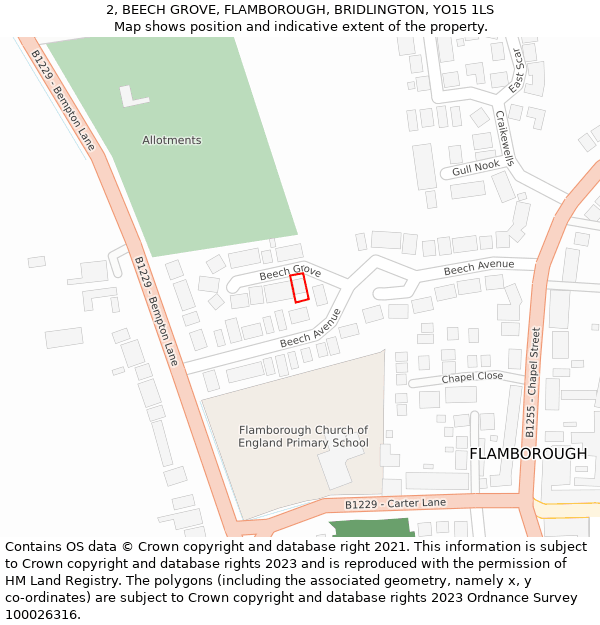 2, BEECH GROVE, FLAMBOROUGH, BRIDLINGTON, YO15 1LS: Location map and indicative extent of plot