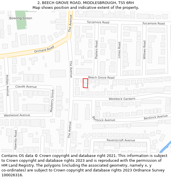 2, BEECH GROVE ROAD, MIDDLESBROUGH, TS5 6RH: Location map and indicative extent of plot