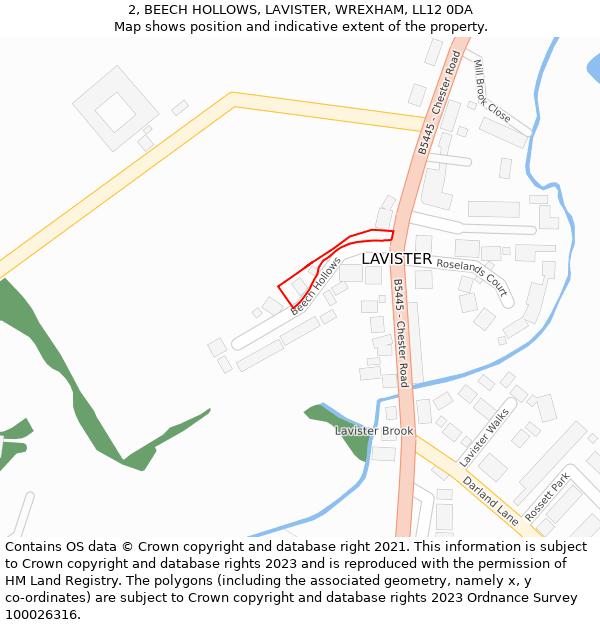 2, BEECH HOLLOWS, LAVISTER, WREXHAM, LL12 0DA: Location map and indicative extent of plot