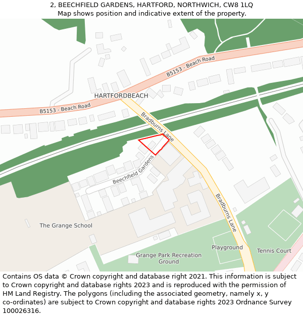 2, BEECHFIELD GARDENS, HARTFORD, NORTHWICH, CW8 1LQ: Location map and indicative extent of plot