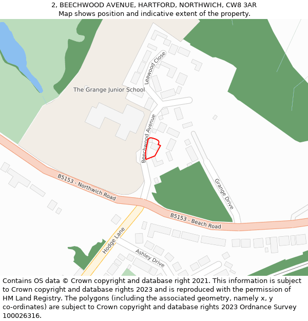 2, BEECHWOOD AVENUE, HARTFORD, NORTHWICH, CW8 3AR: Location map and indicative extent of plot