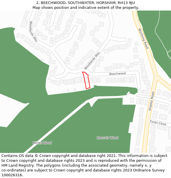 2, BEECHWOOD, SOUTHWATER, HORSHAM, RH13 9JU: Location map and indicative extent of plot