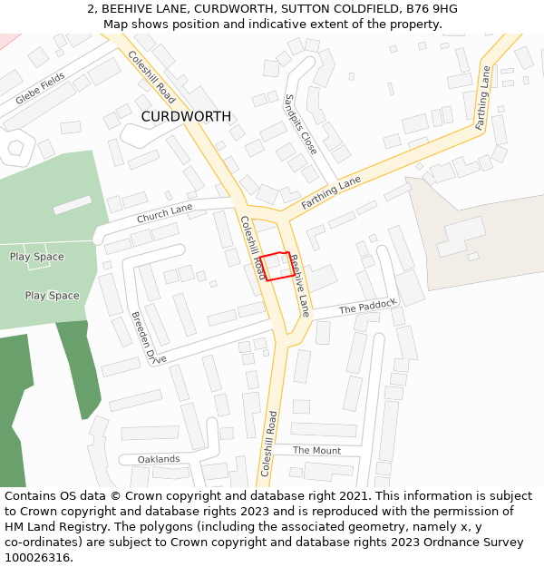 2, BEEHIVE LANE, CURDWORTH, SUTTON COLDFIELD, B76 9HG: Location map and indicative extent of plot