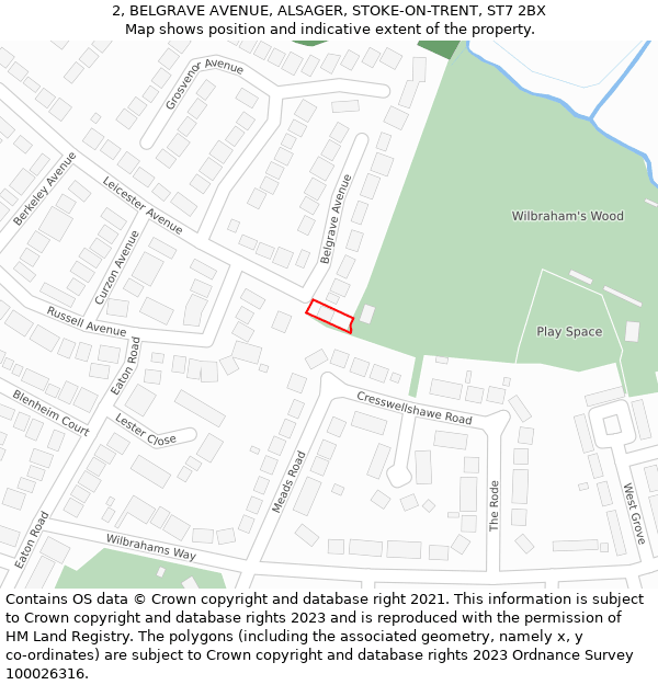 2, BELGRAVE AVENUE, ALSAGER, STOKE-ON-TRENT, ST7 2BX: Location map and indicative extent of plot