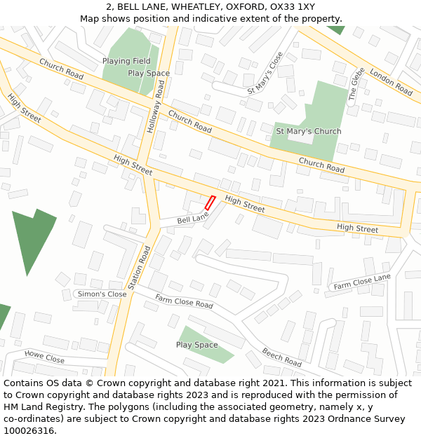 2, BELL LANE, WHEATLEY, OXFORD, OX33 1XY: Location map and indicative extent of plot