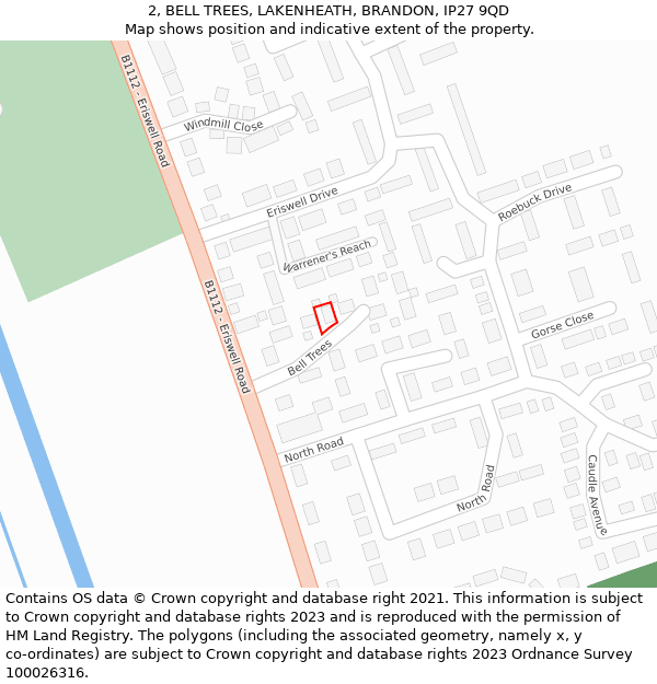 2, BELL TREES, LAKENHEATH, BRANDON, IP27 9QD: Location map and indicative extent of plot