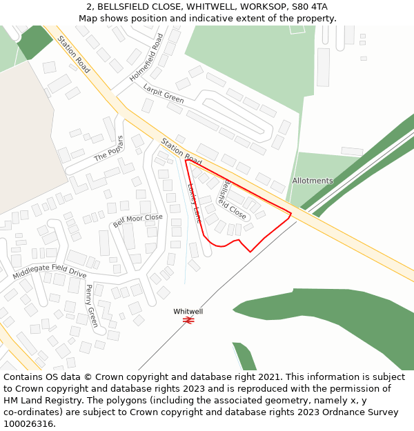 2, BELLSFIELD CLOSE, WHITWELL, WORKSOP, S80 4TA: Location map and indicative extent of plot