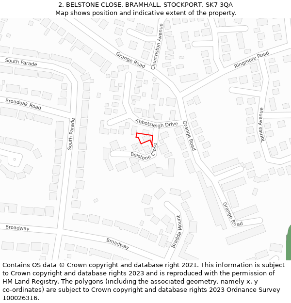 2, BELSTONE CLOSE, BRAMHALL, STOCKPORT, SK7 3QA: Location map and indicative extent of plot