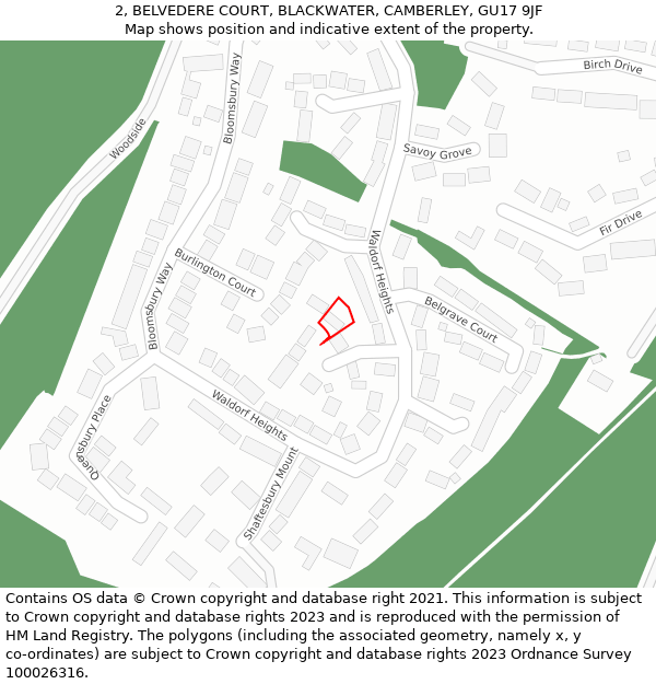 2, BELVEDERE COURT, BLACKWATER, CAMBERLEY, GU17 9JF: Location map and indicative extent of plot