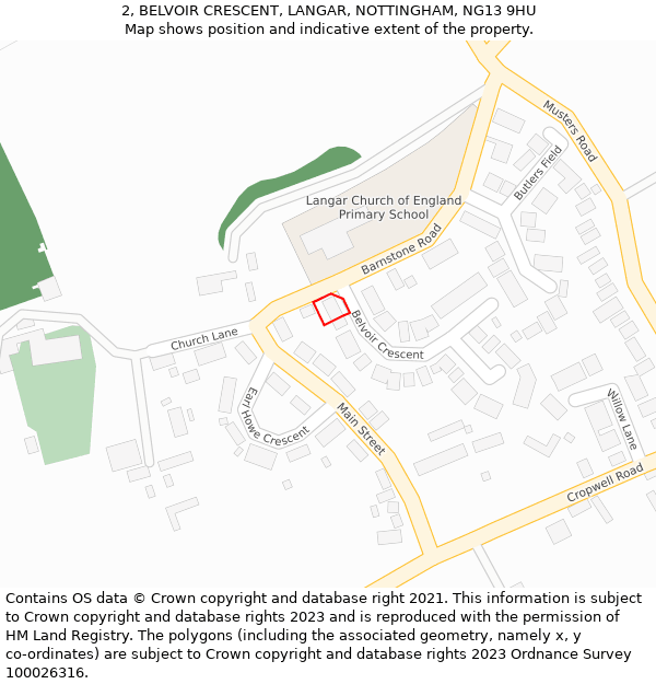 2, BELVOIR CRESCENT, LANGAR, NOTTINGHAM, NG13 9HU: Location map and indicative extent of plot