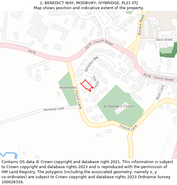 2, BENEDICT WAY, MODBURY, IVYBRIDGE, PL21 0TJ: Location map and indicative extent of plot