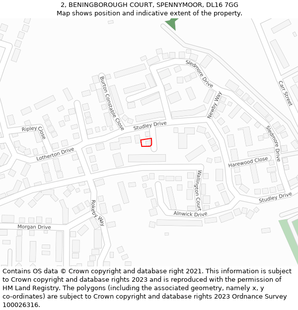 2, BENINGBOROUGH COURT, SPENNYMOOR, DL16 7GG: Location map and indicative extent of plot