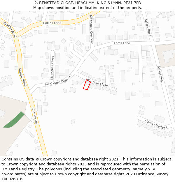 2, BENSTEAD CLOSE, HEACHAM, KING'S LYNN, PE31 7FB: Location map and indicative extent of plot