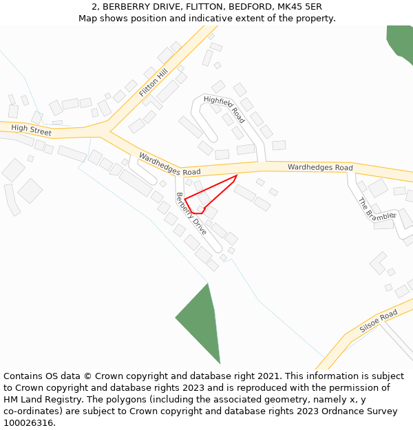 2, BERBERRY DRIVE, FLITTON, BEDFORD, MK45 5ER: Location map and indicative extent of plot