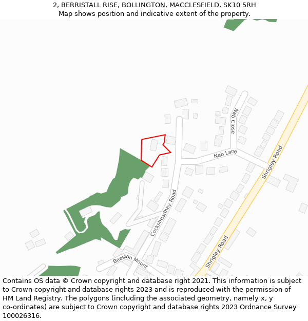 2, BERRISTALL RISE, BOLLINGTON, MACCLESFIELD, SK10 5RH: Location map and indicative extent of plot
