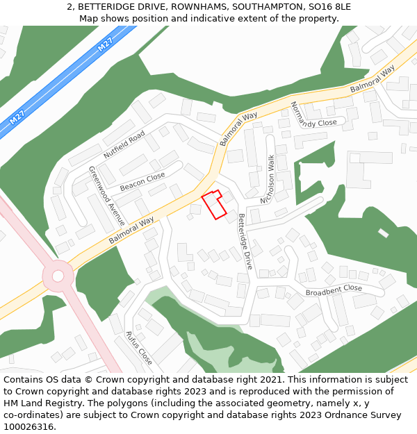 2, BETTERIDGE DRIVE, ROWNHAMS, SOUTHAMPTON, SO16 8LE: Location map and indicative extent of plot